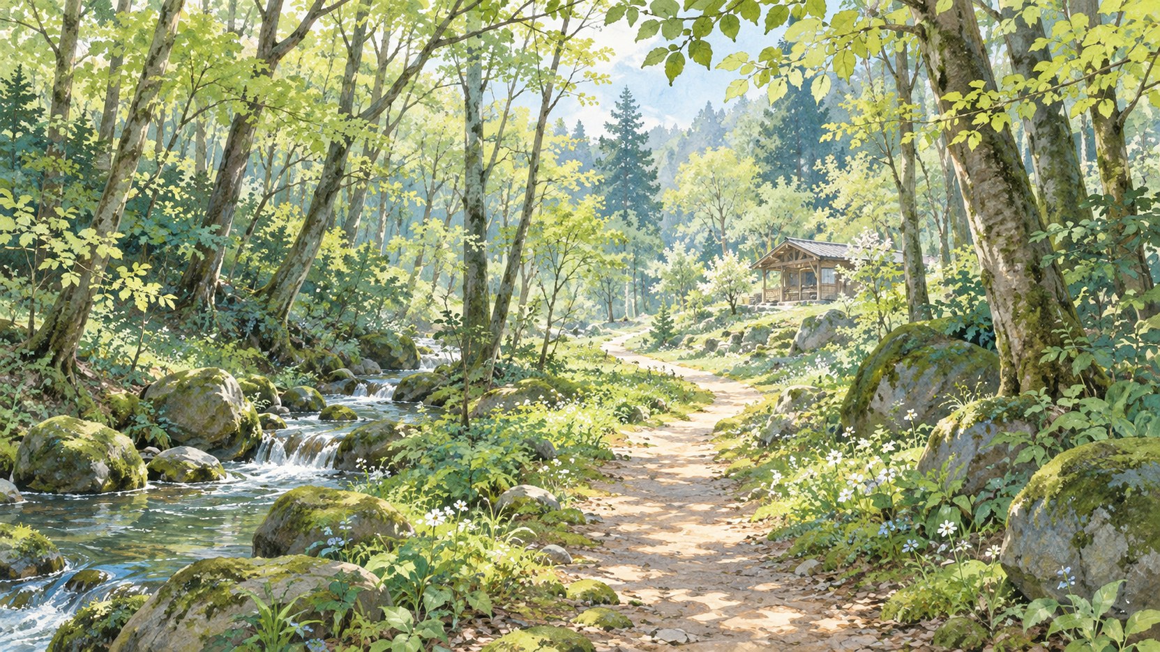 春のやわらかな光が差す森。小川に沿う小道の先に、小さな木造の工房が見える